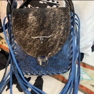 Blue and Cowhide with Fringe Women's western Bag